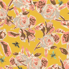 Large scale abstract roses and bees block print floral in peach pink, browns, gray and vibrant saffron yellow.