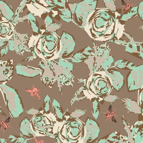 Large scale abstract roses and bees block print floral in peach pink, browns, gray, beige and vibrant blue green celadon teal.