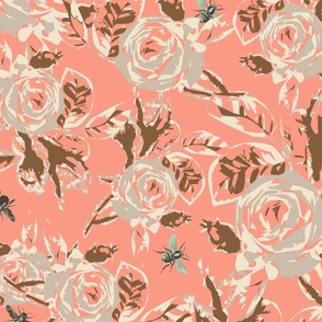 Large scale abstract roses and bees block print floral in peach pink, browns, gray and vibrant blue green celadon teal.