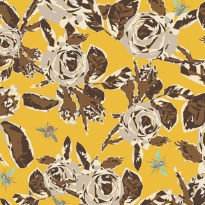 Large scale abstract roses and bees block print floral in browns, gray, blue green celadon teal and vibrant saffron yellow.