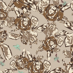 Large scale abstract roses and bees block print floral in browns, beige, and vibrant blue green celadon teal.