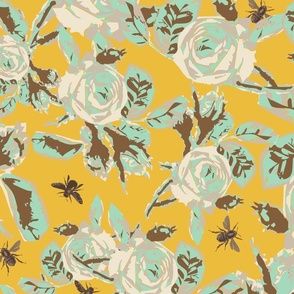 Large scale abstract roses and bees block print  floral in browns, gray, blue green celadon teal, and vibrant saffron yellow.