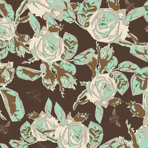 Large scale abstract roses and bees block print floral in browns, gray, beige and vibrant blue green celadon teal.