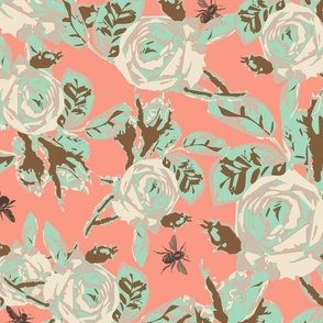 Large scale abstract roses and bees block print floral in peach pink, browns, gray, beige and vibrant blue green celadon teal.