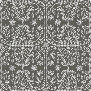 (M) Crown Flowers Damask Ornamental Filigree Gray, Griege and White