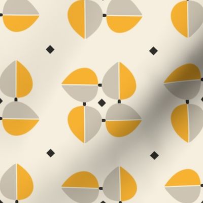 Medium | Abstract design showcasing tulip-like shapes in shades of grey and yellow