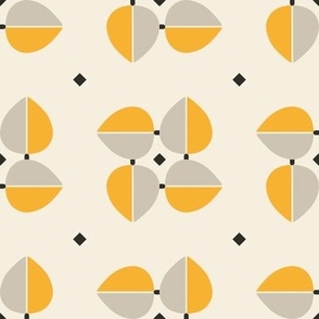 Medium | Abstract design showcasing tulip-like shapes in shades of grey and yellow
