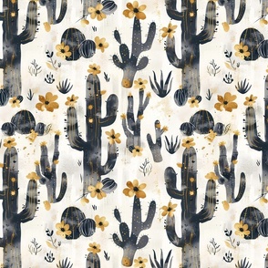 Saguaro Cactus Painted Gold Accents Black Cream Parchment Floral Boho Desert Off White Alabaster Simple Rustic Country 