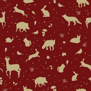 Woodland animals gold silhouettes burgundy