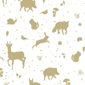 Woodland animals gold silhouettes on clean pure white wallpaper baby room cute gentle beautiful animals forest wolf deer hare mushroom plants silhouettes