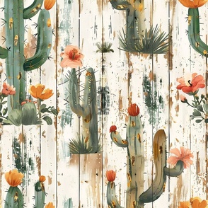 Desert Cactus Blooms on Weather Barn Wood White Planks Western Succulent Plants Southwest Desert Boho Country Wallpaper