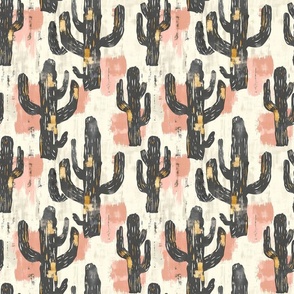 Black Saguaro Cactus Succulent Pink Distressed Desert Offwhite Cream Alabaster Boho Western Succulents Trendy 