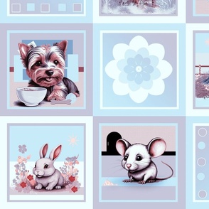 Baby Childrens Animals Patchwork Quilt, Powder Blue Heather Gray, 8 inch squares