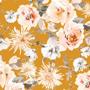 Autumnal Florals Fall Flowers Hand Painted Watercolor_mustard saffron gold_jumbo