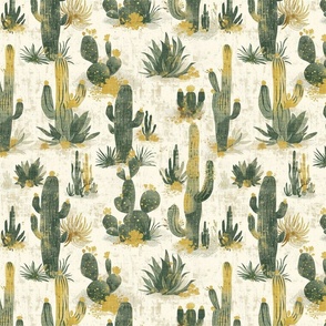 Cactus Succulent Desert Southwest Green Saguaro Woven Western Green Cream Parchment Yellow Western Landscape  Plants Botanical  Prickley Pear Simple