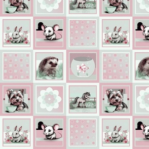 Baby Childrens Animals Patchwork Quilt, Pink Green Gray Grey, 4 inch 