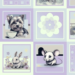 Baby Childrens Animals Patchwork Quilt, Lilac Soft Mint, 8 inch squares