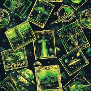 Alien UFO and Spaceship Sightings Vintage Stamps /  Upholstery Fabric / Wallpaper / Space Home Decor