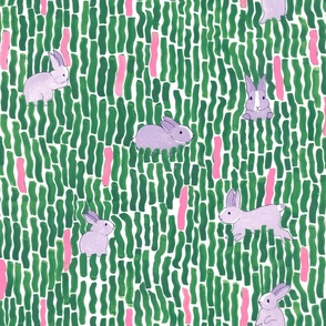 Summer Grey White Bunnies Rabbits In The Meadows with Wavy Green and Pink Grass