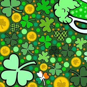 Saint Patrick's Day Green Beer Gold Coins Shamrocks Slainte on Dark Green