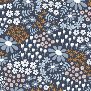 Bohemian Blooms - Slate Blue and Copper - Florals - Flowers - Daisies - Coneflowers - Bohemian - Boho - Retro - Teal - Nature - Botanicals