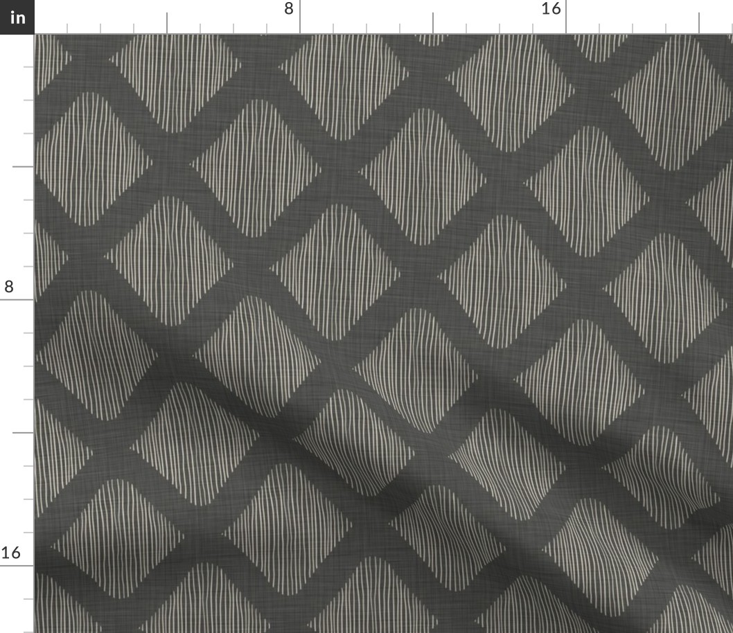 Lined Diamonds - Medium - Charcoal - Linen Texture, Dark Grey, cream