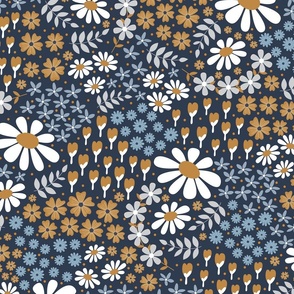 Bohemian Blooms - Navy Blue and Brown - Florals - Flowers - Daisies - Coneflowers - Bohemian - Boho - Retro - Teal - Nature - Botanicals
