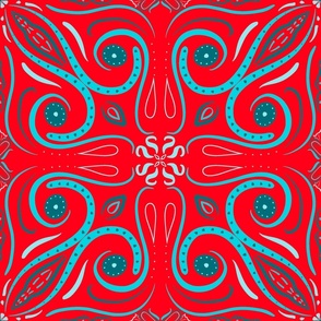 Red and Teal Graphic dots swirls modern contemporary 
