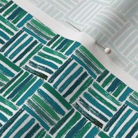 1:6 scale hand drawn basketweave with teal blue lines. For dollhouse fabric, wallpaper, and miniature decor