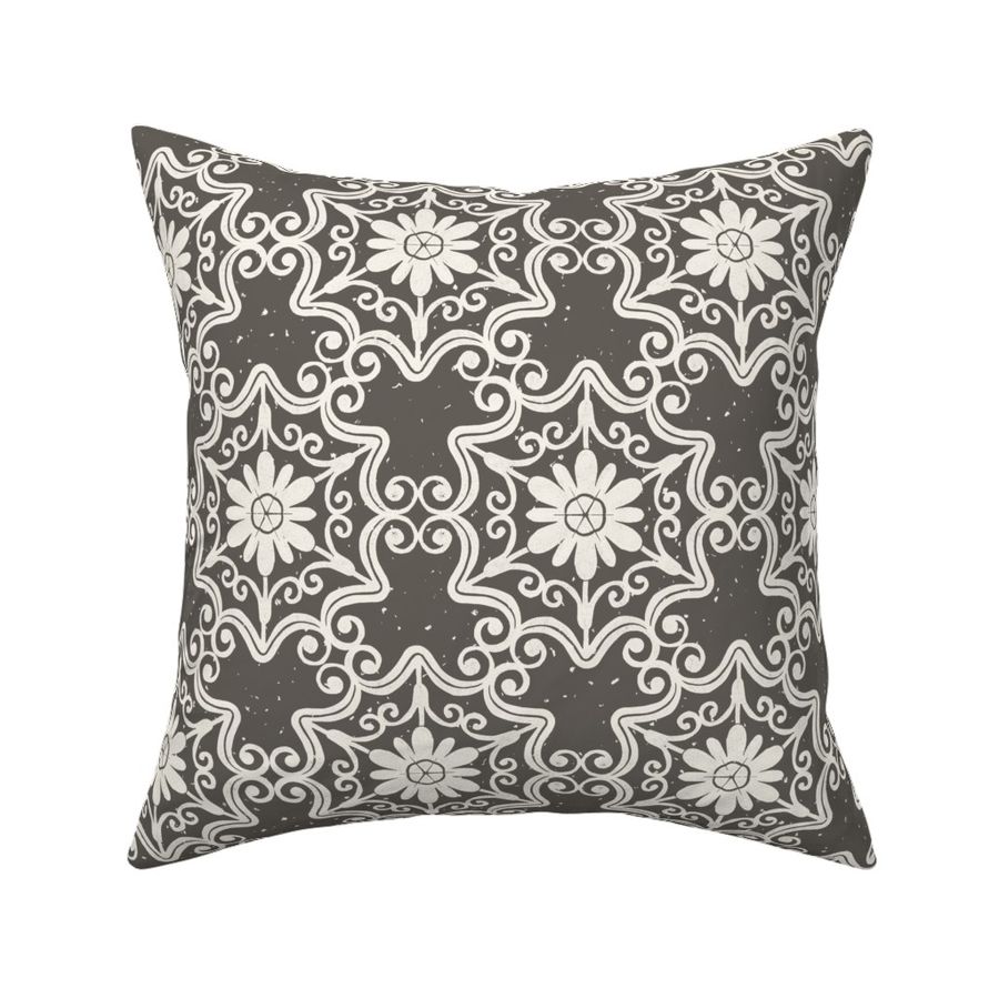 Large Geometric Daisy Floral Nondirectional Block Print in Off White Pearl on Warm Dark Grey