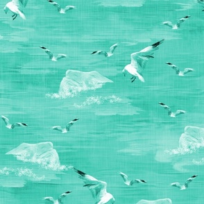 Aqua Green Beach Landscape, Winged Seagulls in Flight, Dive Bombing Flock of Birds, Swooping Seagull Colony, Ocean Turquoise Beach House Vacation Vibe, MEDIUM SCALE