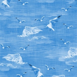 Cornflower Blue Sea Shore, Diving Seagull Birds in Flight, White Feather Wings, Ocean Blue Beach Birds, Diving Birds Fishing, Gull Birds Colony Birdwatcher, Blue and White Toile, MEDIUM SCALE