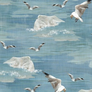 Ice Blue Ocean Coastline, White Diving Gull Birds, White Feathered Birds Wings, Dreamy Summer Vacation Sea Shore, Diving Birds on Rocks, LARGE SCALE