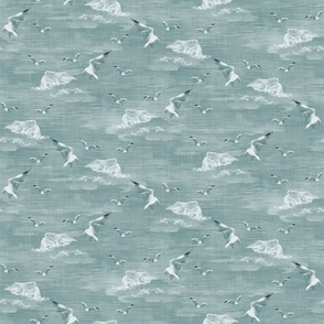 Relaxing Gray Blue Monochrome Toile De Jouy, Coastal Spa White Sky Clouds Stormy Waters, Big Rocks and Blue Waves, Calming Ocean Seagull Birds, SMALL SCALE