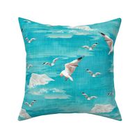 Modern Beach Arctic Blue Summer Bird Colony, Ocean Sea Blue Clifftop View, Flying Seagull Diving Sea Life, Big Rocks Splashing, Big Blue Waves, Cloudy Blue Sky, MEDIUM SCALE