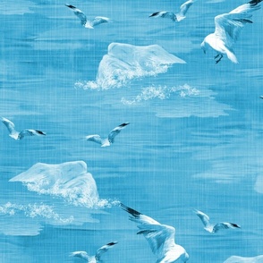 White Blue Monochrome Bird Colony, Modern Beach Summer Seagulls, Memorable Coastal Grandma Chic, Diving Gulls on White Waves, Blue Sky Dive Bombing Flying Bird Wallpaper, LARGE SCALE