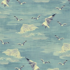 Birds Feeding on Sea Fish Seagull Pattern, Sky Blue Ceramic White Summer Water Theme, Swooping Flying Seagulls, Azure Blue Coastal Chic, Wild Sea Creatures Grandma Chic, Beach Rocks Lake Life, MEDIUM SCALE