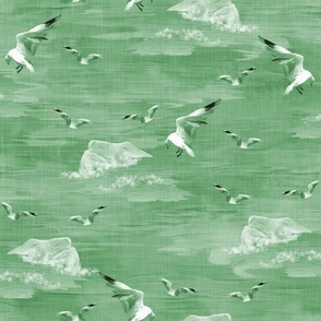 Mid Green White Monochrome Toile, Galapagos Islands Flying Sea Birds Coastal Theme, Wild Ocean Sky Water Theme, Beachside Coastal Chic Diving Seagulls, SMALL SCALE