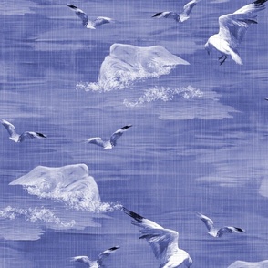 Blue Ink Navy Ocean Sea Waves, Monochrome Toile Cornwall Birds Feeding, Holiday Beach Bathroom Towel, Flying Swooping Blue White Seagull Pattern, Seashore Coastal Granny Chic, LARGE SCALE