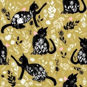 Small Boho Black Cat / Mustard Yellow / Gold / White Flowers