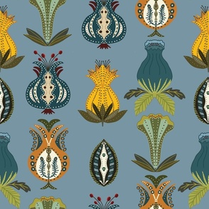 Eastern bell flower motifs in blue, dark orange and beige