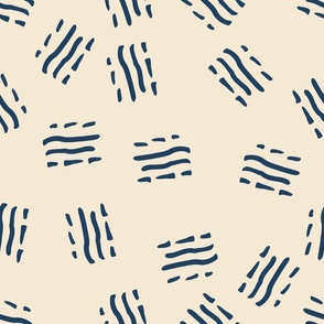 Whispering Waves: Hand-Drawn Scratches, Navy Blue, Beige, Large