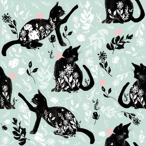 Light Teal Black Cats / Floral / White