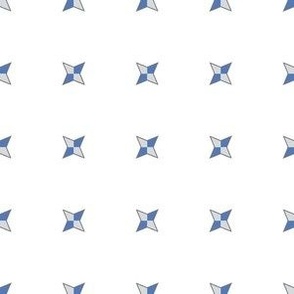 Spanish Tile- Geometric Stars-Blue and Gray on a White Background.