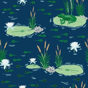 Large - Green Frog with eggs tadpoles swimming in a Navy Blue Pond