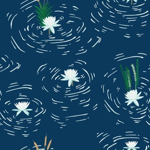Large - Frog Pond Ripples among Lily Pads on Navy Blue