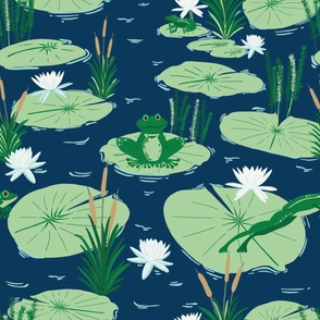 Large - Green Frogs having fun at the Navy Blue Pond