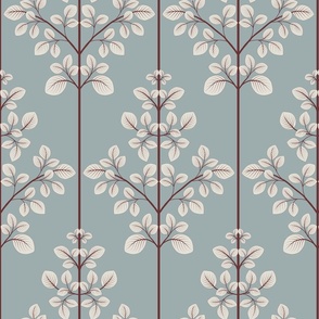 Three Leaves Branches Damask in pastel blue ( medium scale ).