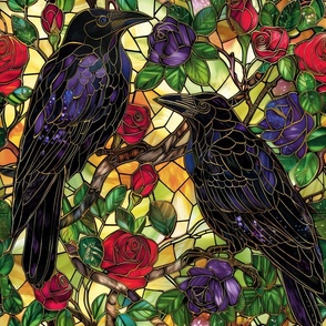 Stained Glass Garden Ravens Crows in Roses