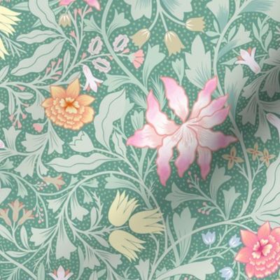  Victorian era-Vintage Floral- Wild flowers- William Morris inspired-Green-Pink-Yellow